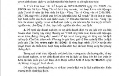 BQL Khu du lịch quốc gia Côn Đảo hướng dẫn các doanh nghiệp, cơ sở kinh doanh dịch vụ du lịch khẩn trương xây dựng phương án "Thích ứng an toàn, linh hoạt, kiểm soát hiệu quả phòng chống dịch covid-19"
