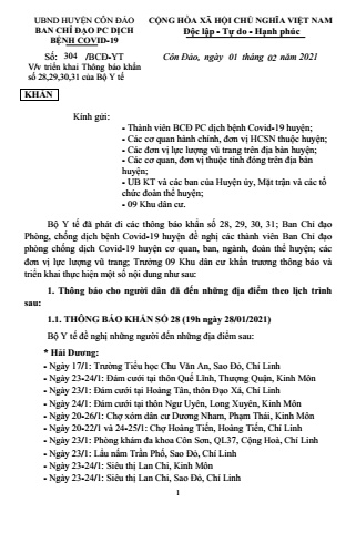 Triển khai Thông báo khẩn số 28, 29, 30, 31, 32, 33 của Bộ Y Tế về phòng chống dịch bệnh Covid-19